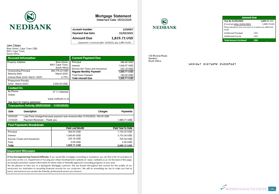 Download South Africa Nedbank mortgage statement in Word and PDF formats Photoshop template